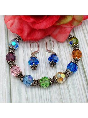 Cute Bracelet & Dangle Earrings Set 925 & Faceted Crystal Beads Toggle Clasp 8"